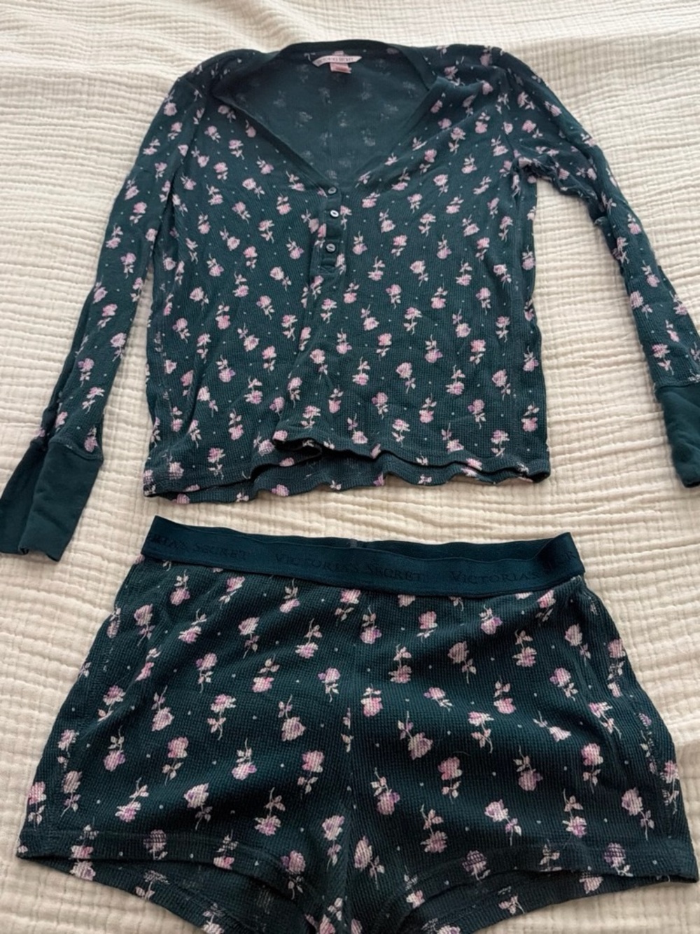 Victoria's Secret Dark Green Floral Henley Pajama Set with Pink Flowers